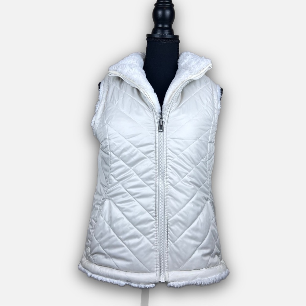 Nicole Miller Reversible Faux Fur Sherpa Puffer Vest White Size M Zip Pockets - Picture 5 of 16